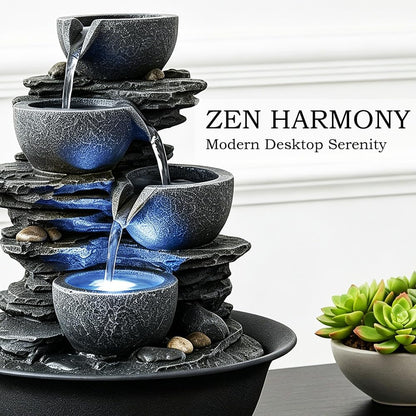 15.7” High Rock Falls Tabletop Water Fountain with LED Lights - Indoor 5-Tier Cascading Fountain for Home and Office Decor (Gray_3, 15.7" high)