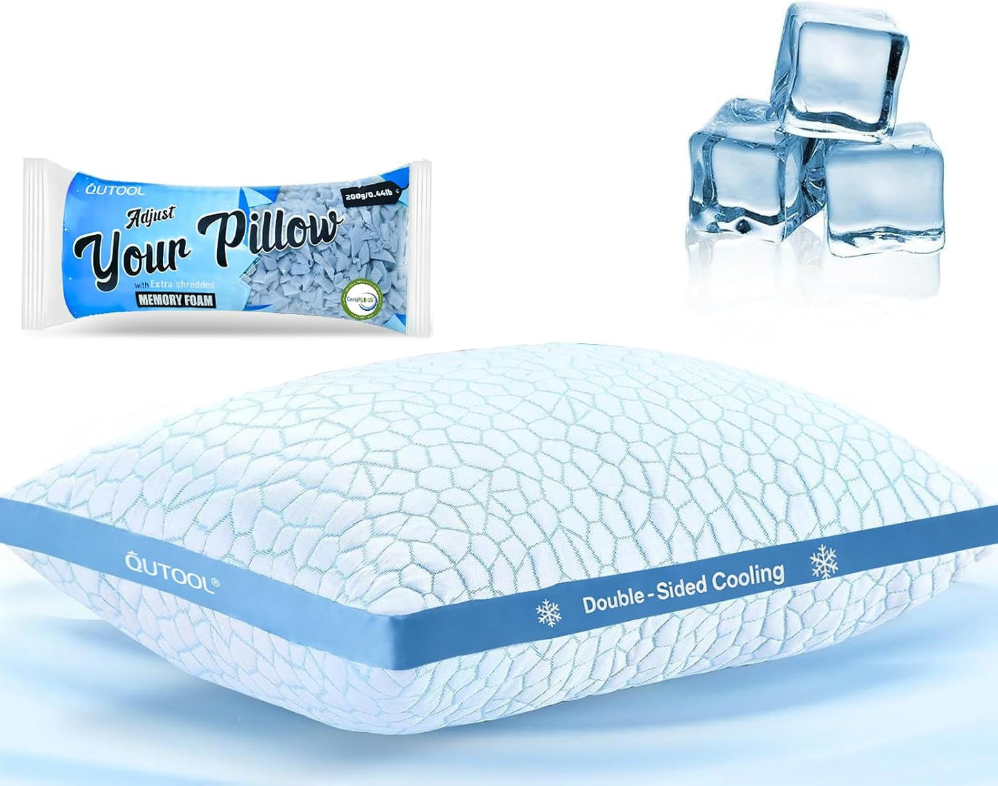 QUTOOL Double Sided Cooling Pillow for Hot Sleepers, Shredded Memory Foam Pillows Queen Size Set of 2, Adjustable Soft & Firm Gel Bed Pillow for Side, Back, Stomach Sleepers