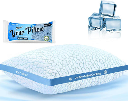 QUTOOL Double Sided Cooling Pillow for Hot Sleepers, Shredded Memory Foam Pillows Queen Size Set of 2, Adjustable Soft & Firm Gel Bed Pillow for Side, Back, Stomach Sleepers