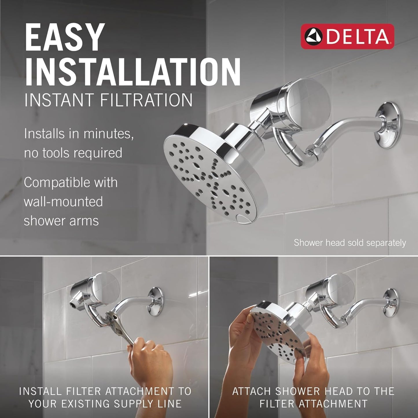 Delta Faucet Clarifi Premium Shower Filter Attachment with Filter, Hard Water Shower Filter, Shower Head Filter, Stainless 5SF100-SS
