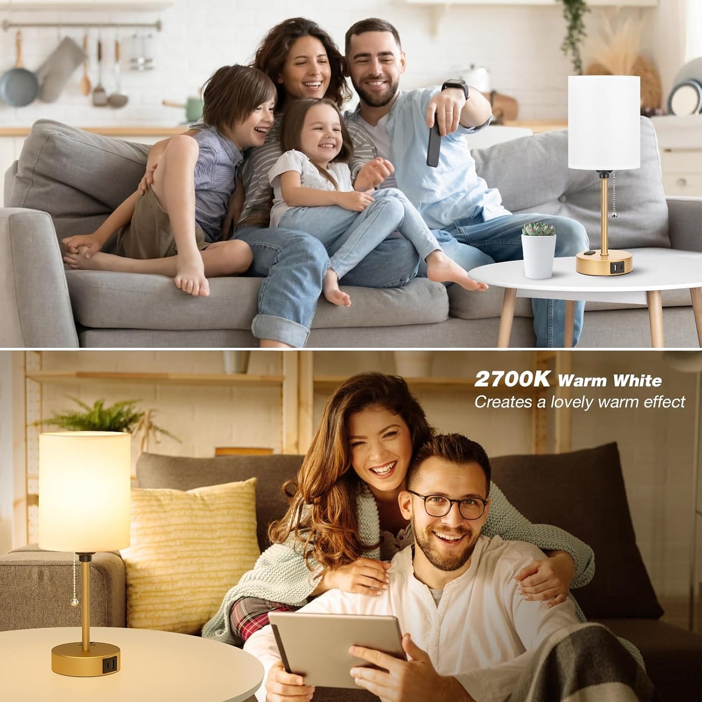 Small Bedside Table lamp for Bedroom - 3 Color Temperatures Bedside Lamps with USB C and A Ports, Pull Chain Table Lamps with AC Outlet, White Nightstand Lamps with Black Metal Base for Kids Reading