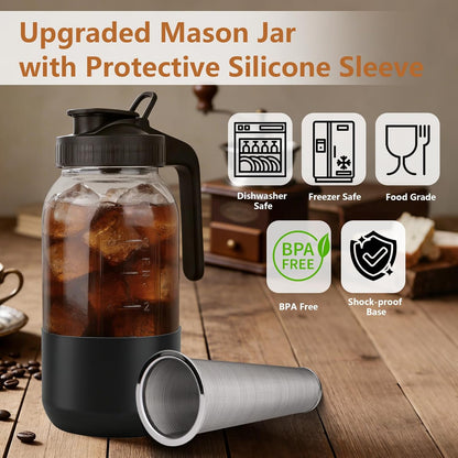 Cold Brew Coffee Maker,64 oz Mason Jar Pitcher with Stainless Steel Filter, Pour Spout Handle Lid, Heavy Duty Glass Airtight & Leak-Proof for Iced Coffee,Tea & Lemonade