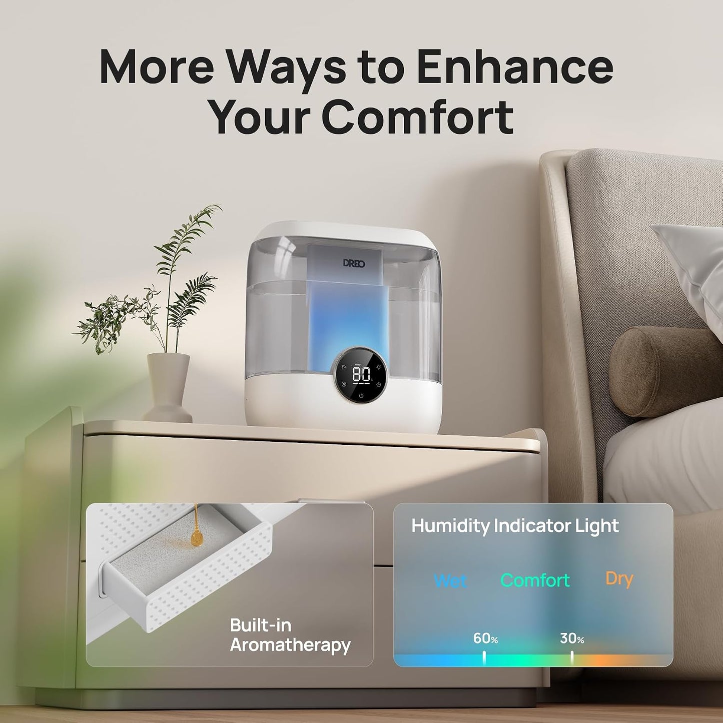 DREO 6L Humidifiers for Bedroom, 60H Runtime, 28 dB Quiet, HM524 | Precise Humidity Control, Easy to Refill & Clean, Nightlight, Cool Mist Humidifiers for Large Rooms, Baby Nurseries & Plants
