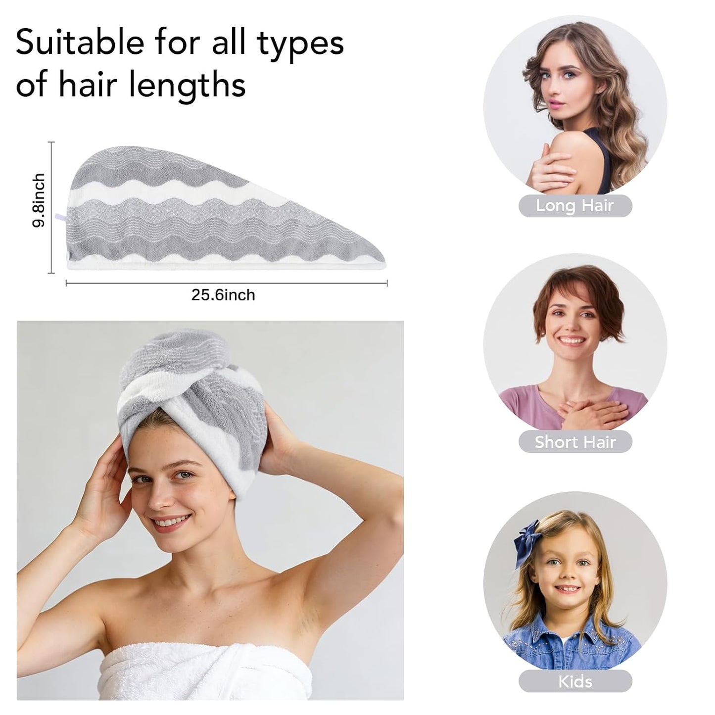 SINLAND Microfiber Hair Drying Cap Hair Towel Turban Twist for Women Fast Drying Towels Head Turban Absorbent Soft Lightweight 3 Pack Black