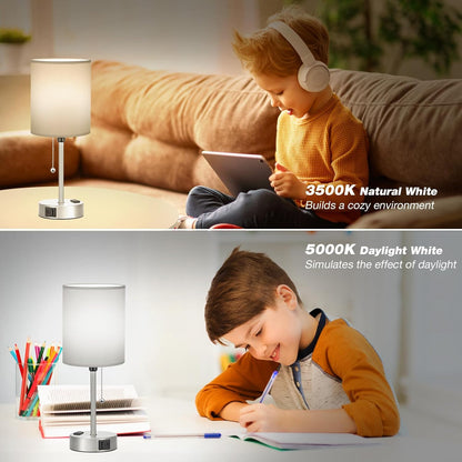 Small Bedside Table lamp for Bedroom - 3 Color Temperatures Bedside Lamps with USB C and A Ports, Pull Chain Table Lamps with AC Outlet, White Nightstand Lamps with Black Metal Base for Kids Reading
