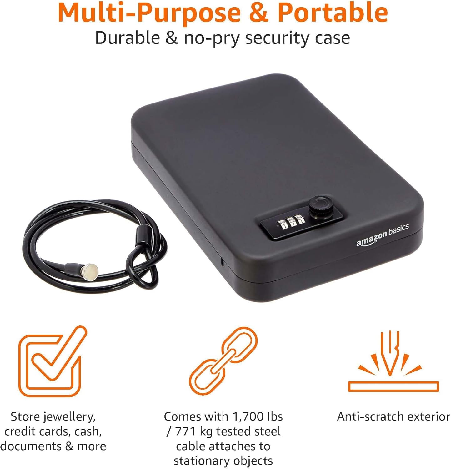 Amazon Basics Portable Security Case Lock Box Safe with Combination Lock for Documents, Valuables, Personal Items, Dorm Room, Home, Large, Black