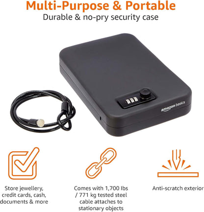 Amazon Basics Portable Security Case Lock Box Safe with Combination Lock for Documents, Valuables, Personal Items, Dorm Room, Home, Large, Black
