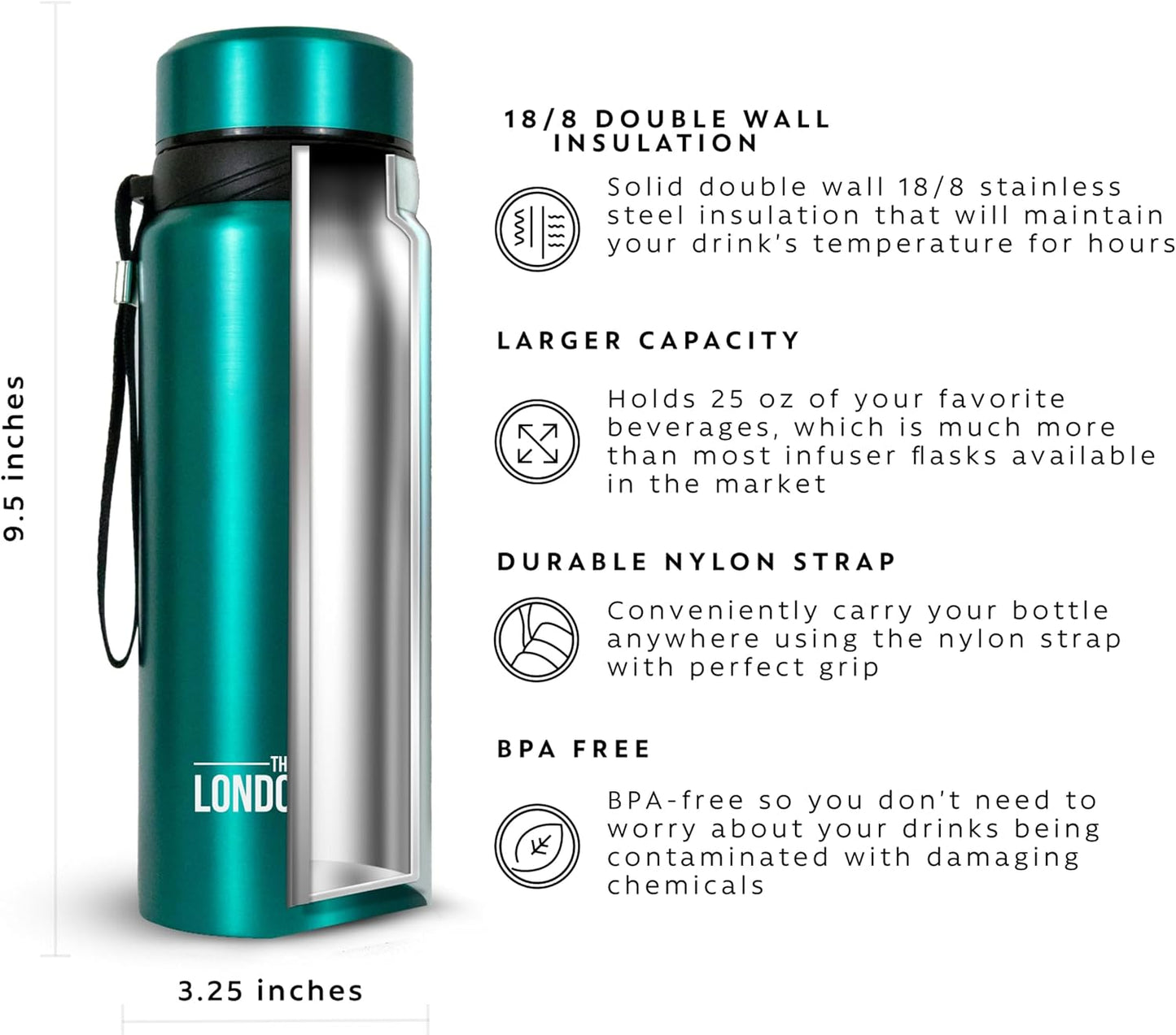 London Sip 25 oz Multi-Function Travel Mug and Tumbler Tea Infuser Water Bottle Fruit Infuser Flask Hot and Cold Double Wall Stainless Steel Coffee Thermos, Zen Black