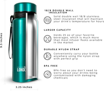 London Sip 25 oz Multi-Function Travel Mug and Tumbler Tea Infuser Water Bottle Fruit Infuser Flask Hot and Cold Double Wall Stainless Steel Coffee Thermos, Zen Black