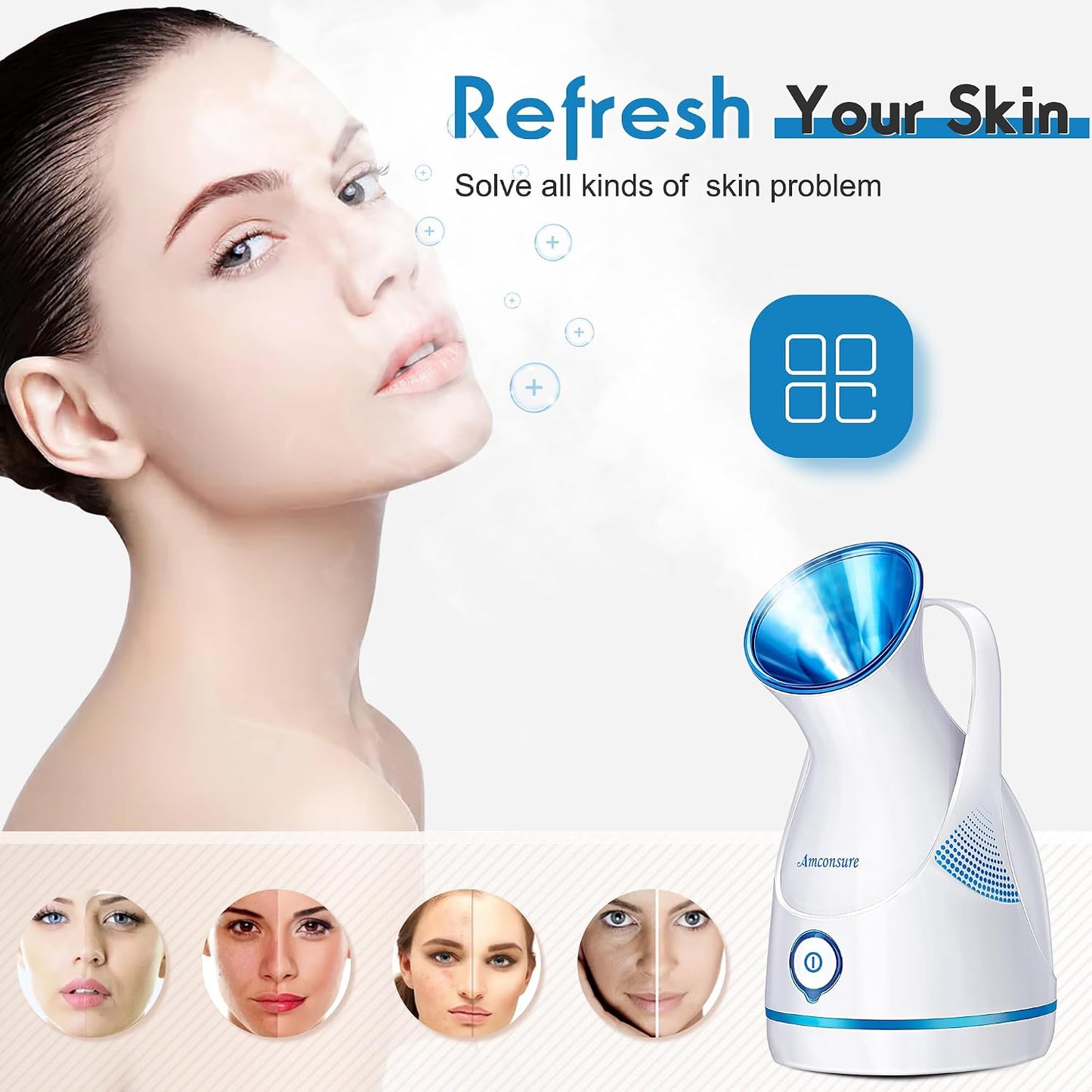 Amconsure Facial Steamer - Nano Ionic Face Steamer Warm Mist Steamer for Home Sauna SPA, Humidifier for Face Steamer for Deep Cleaning Unclogs Pores Sinuses - Bonus 5 Piece Stainless Steel Skin Kit