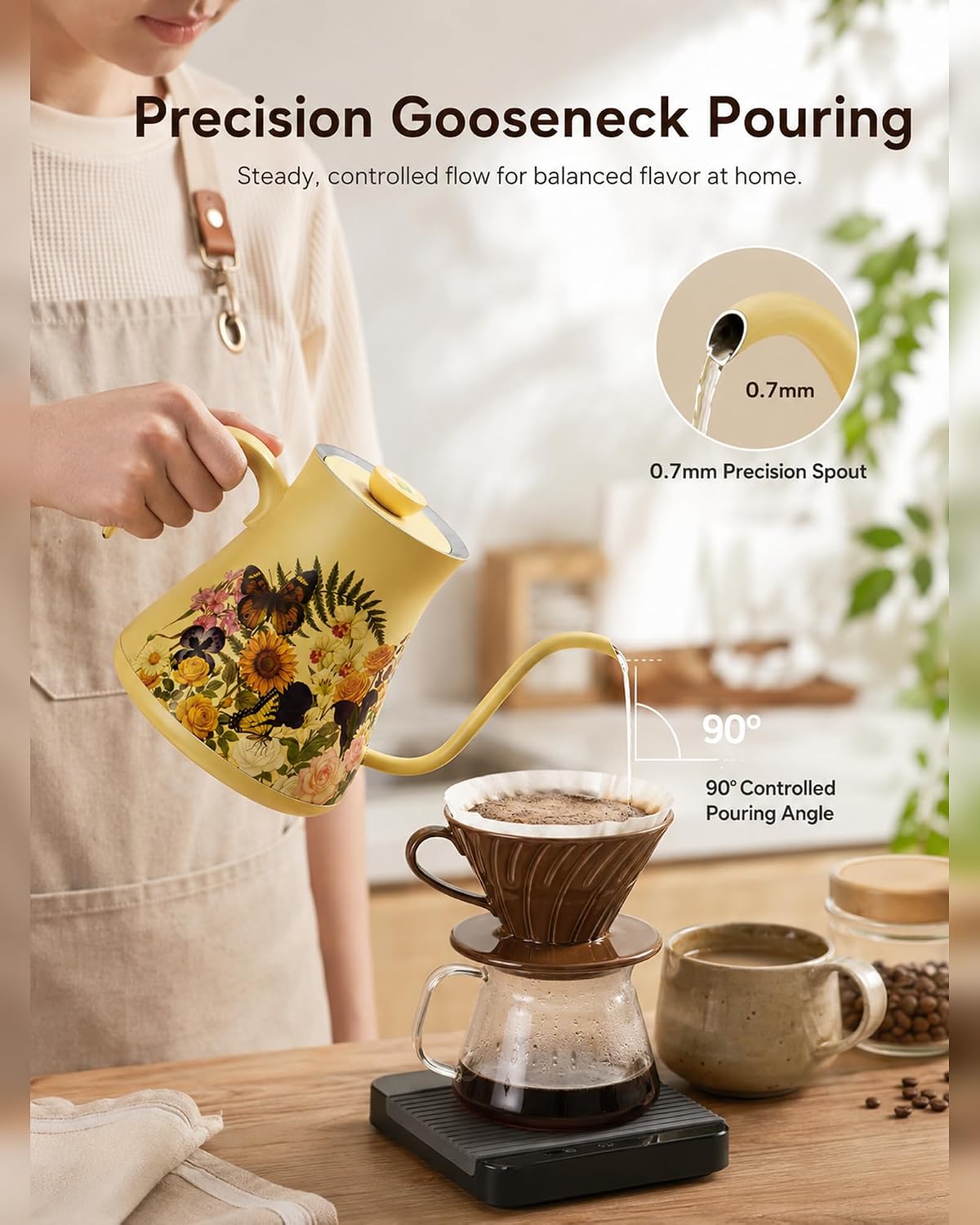 Olumaramio 0.8L/27oz Gooseneck Electric Kettle - ±1℉ Precise Temperature Control for Pour Over Coffee & Tea, 1200W Fast Heating, Auto Shut-Off, Built-in Brew Timer, BPA-Free Stainless Steel, Floral