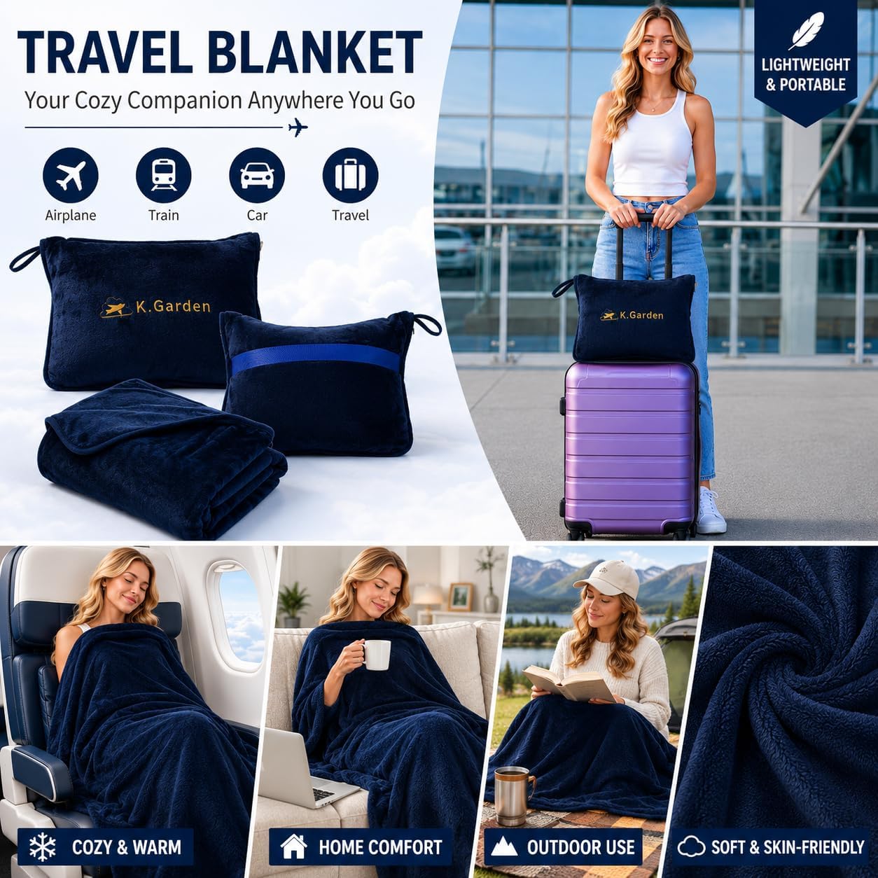 Travel Throw Blanket and Pillow- Soft 2 in 1