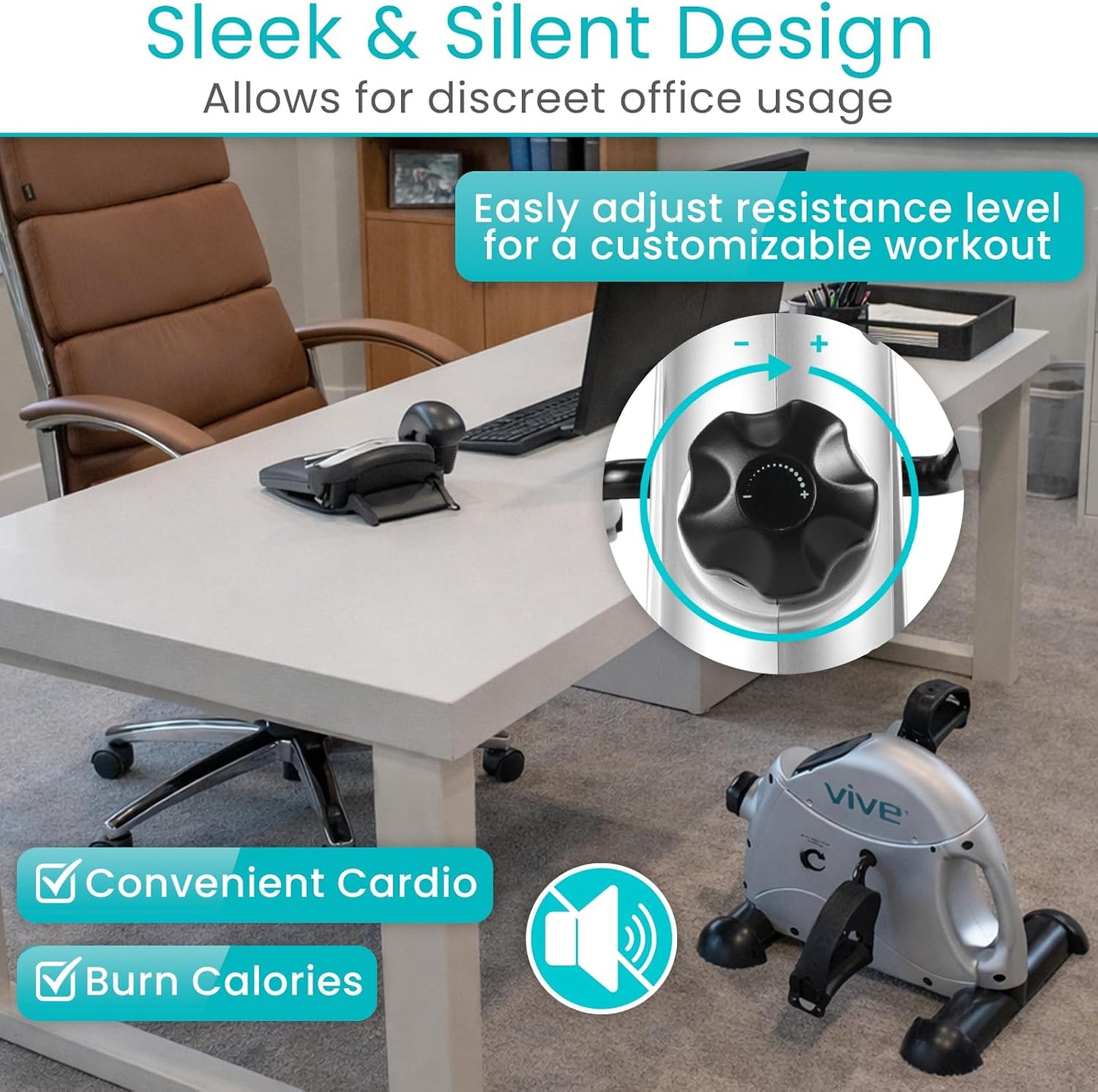 Vive Under Desk Bike Pedal Exerciser - Stationary Exercise Leg Peddler - Low Impact, Portable Mini Cycle Bike for Under Your Office Desk - For Arm or Foot - Small, Sit-Down Recumbent Equipment Machine