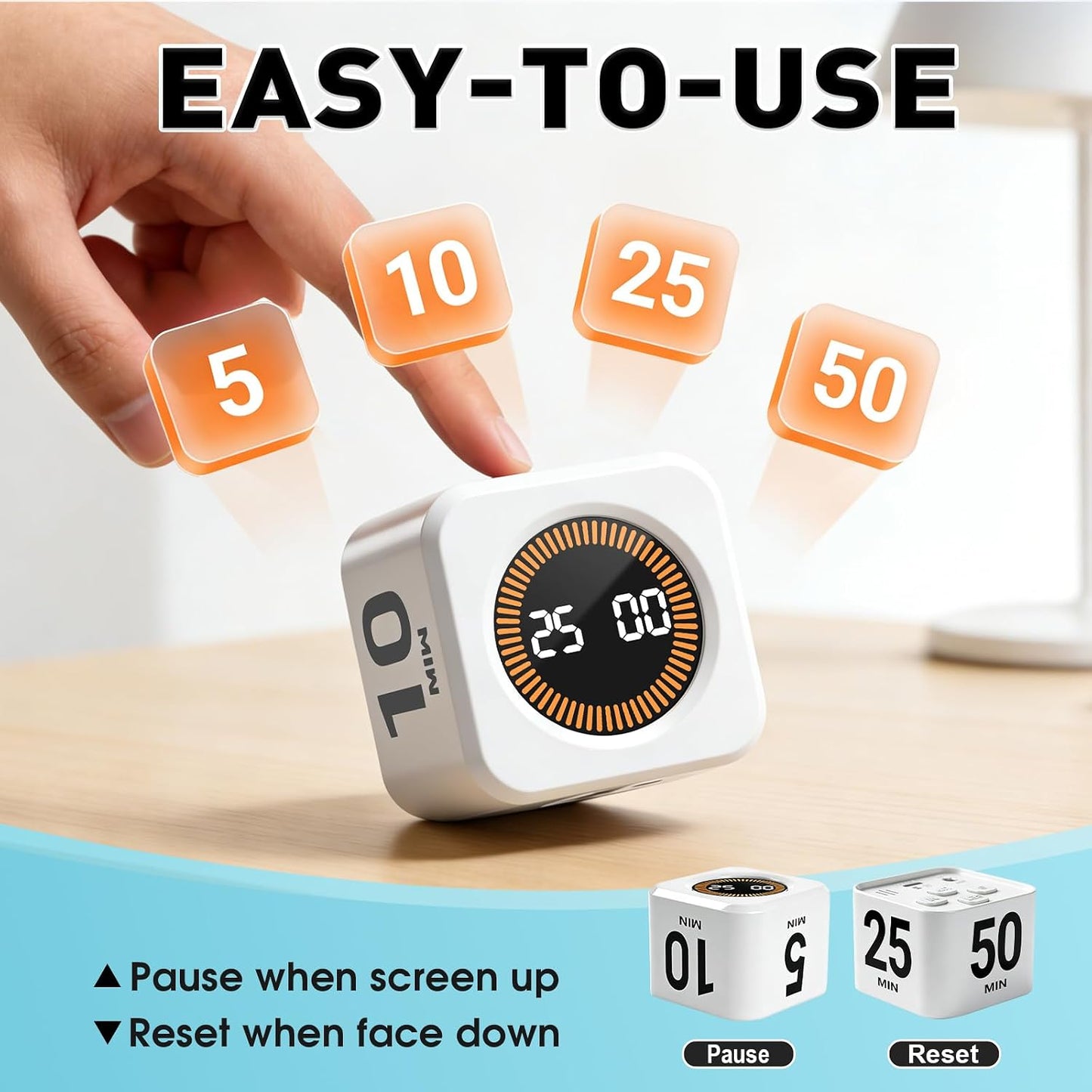 Pomodoro Timer Cube for Productivity — 5/25/10/50 Minutes Preset, Digital Gravity Sensor Desk Visual Timer for ADHD, Silent Mode, Ideal for Office, Study, Kitchen & Kids (White)