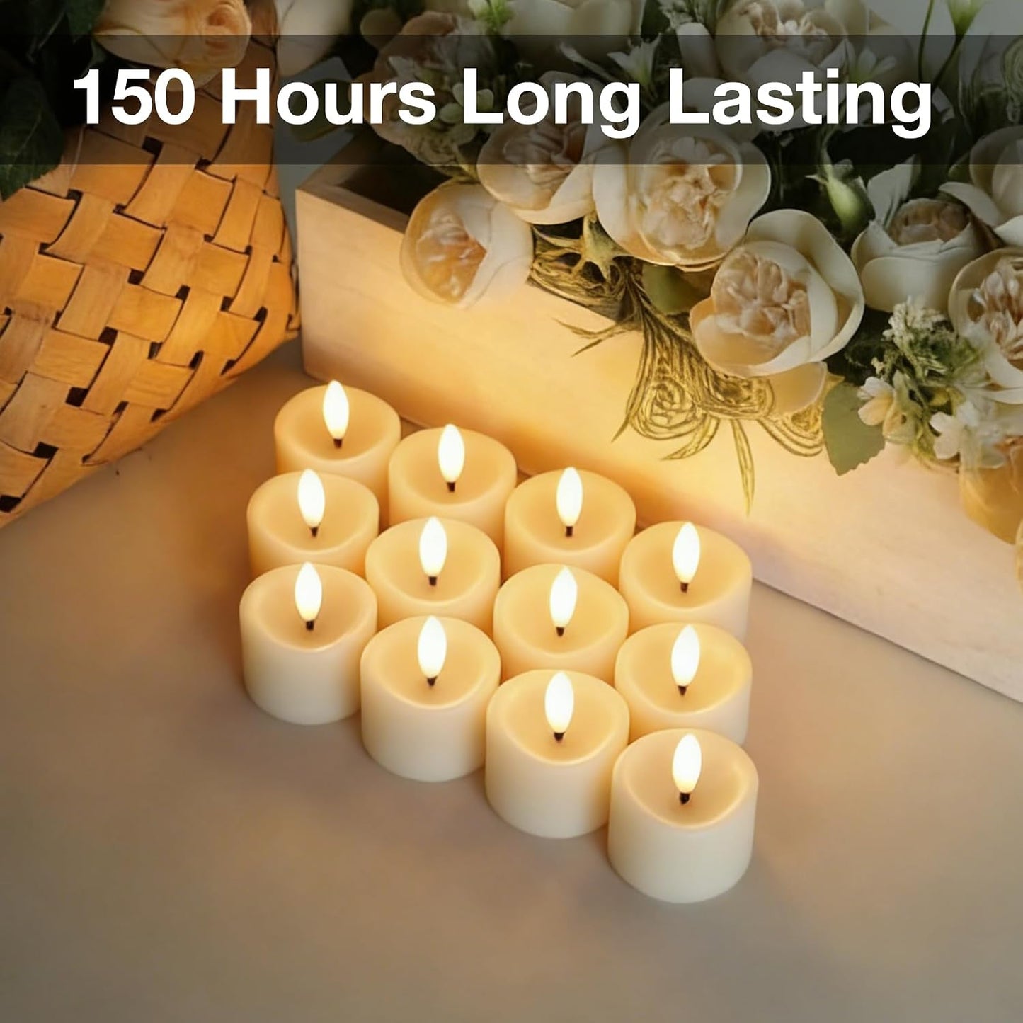 24 Pack Flameless Tealight Candles Battery Operated Tea Lights, Realistic Flickering Electric LED Tea Lights, 3D Wick Fake Tea Lights for Votive, Festival, Party, Wedding Decor