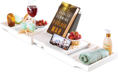 Bambüsi Bathtub Tray for Tub - Brown Bamboo Bath Tray, Expandable Wooden Bath Caddy Tray with Wine Holder, Book and Tablet Stand, Bathroom Accessories, Tub Table, Spa Bath Gifts for Women and Couples