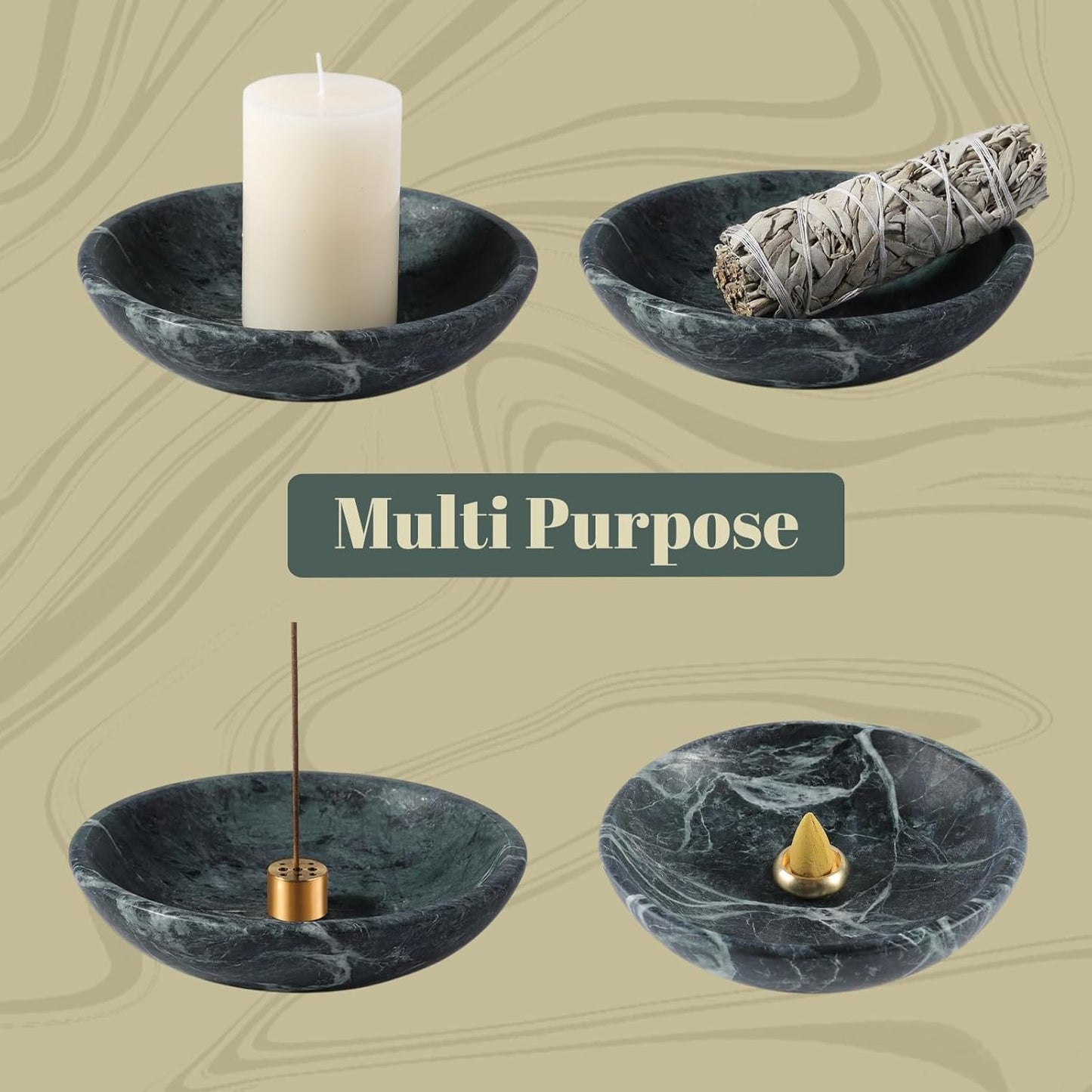 Koville Natural Marble Incense Holder, Incense Holder for Sticks with 9 Holes, Handmade Incense Burner Ash Catcher for Meditation Yoga SPA, Balsam Fir/Palo Santo/Sage/Cone (White)