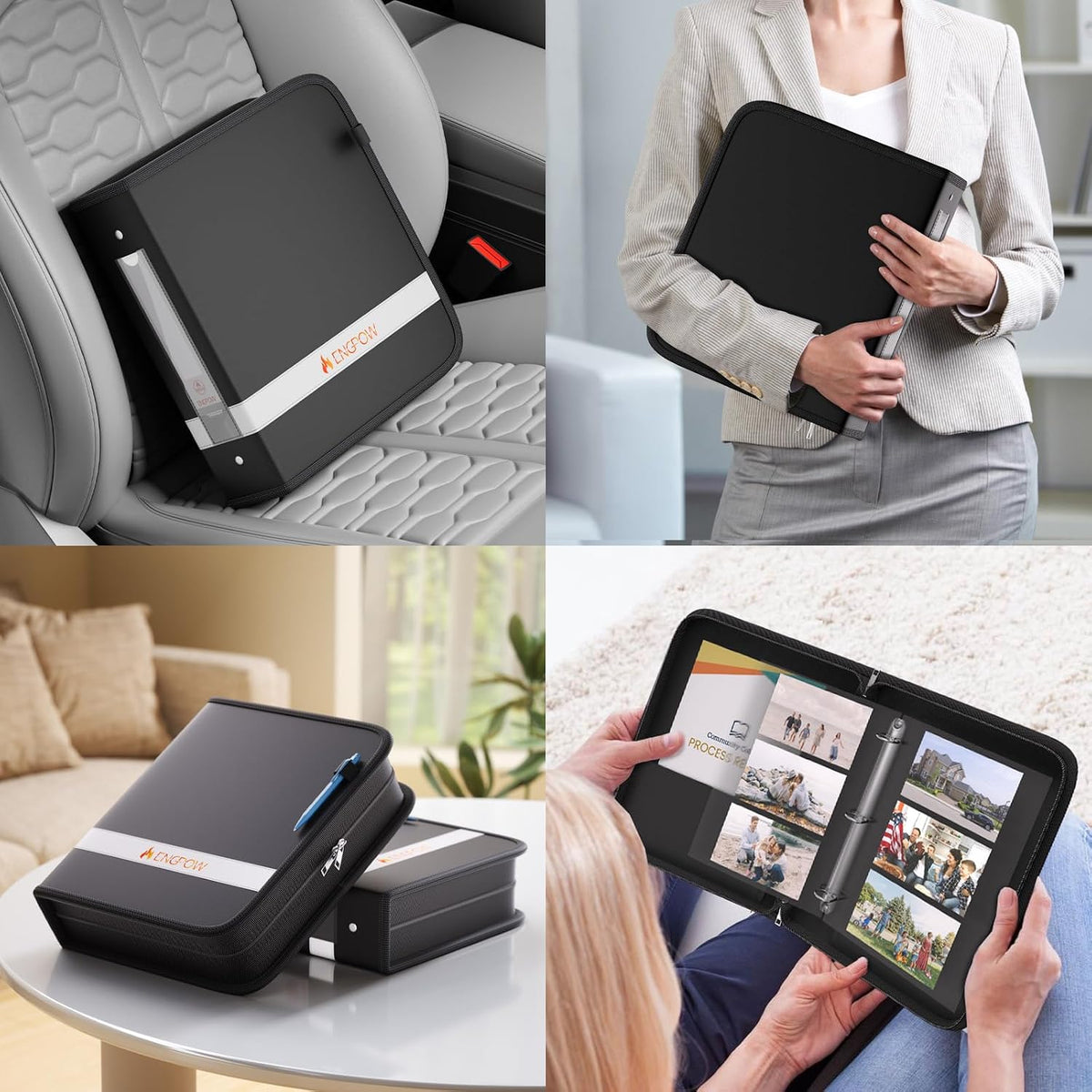 ENGPOW 3 Ring Binder,Fireproof 3 Inch D Ring Binder with Zipper,Holds 750 Sheets,Non-Stick,PVC-Free,Compatible with Clear Sheet Protectors,Portable School Office Home Safe Storage for Paper,Black