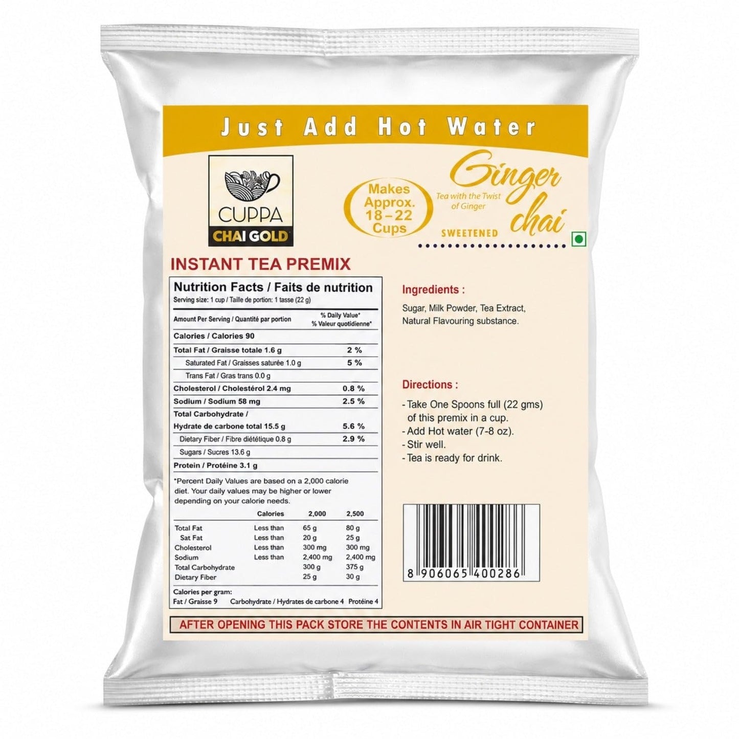 Chai Gold Instant Chai Tea Premix Powder - Sweetened Milk Tea Latte Mix for Home and Beverage Dispensers - [500g / 1.1 lb Bulk Bag] (Kadak)
