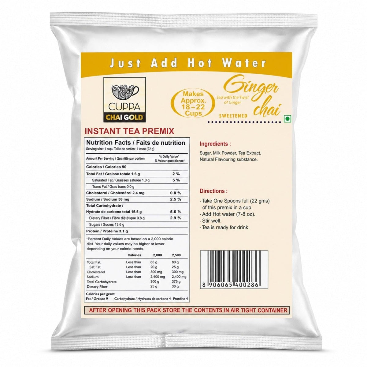 Chai Gold Instant Chai Tea Premix Powder - Sweetened Milk Tea Latte Mix for Home and Beverage Dispensers - [500g / 1.1 lb Bulk Bag] (Kadak)