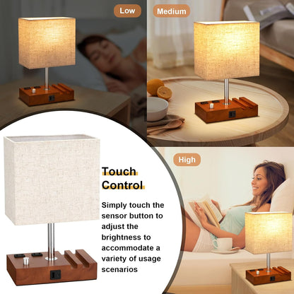 Kakanuo Fully Dimmable Nightstand Lamp for Bedroom with USB C Ports, Grey Small Bedside Table Lamp with Charging Outlets and Phone Stands, Wooden Desk Lamp for Living Room, LED Bulb Included