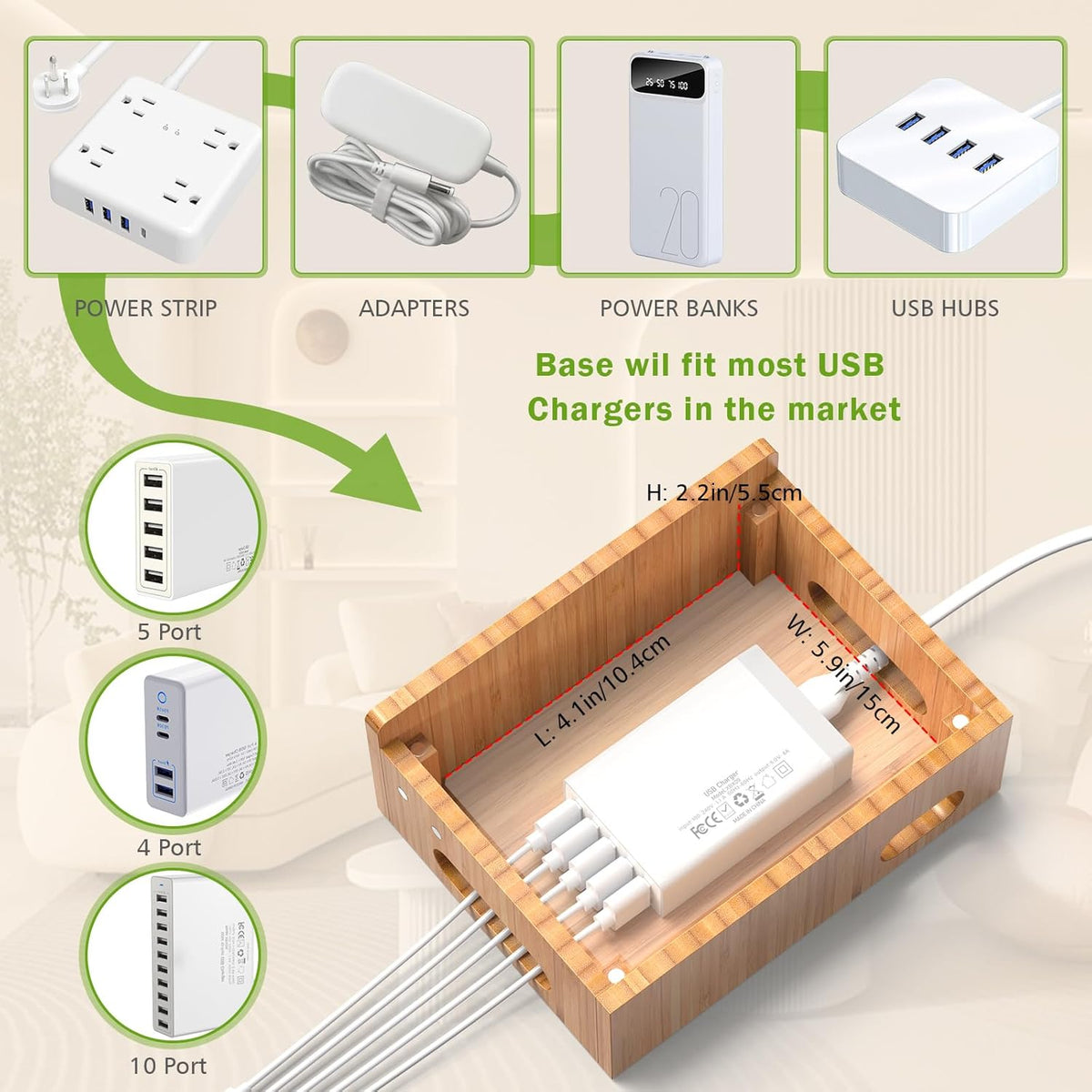 Pezin & Hulin Bamboo Charging Station for Phone, Watch&Earbud with 5 Cables