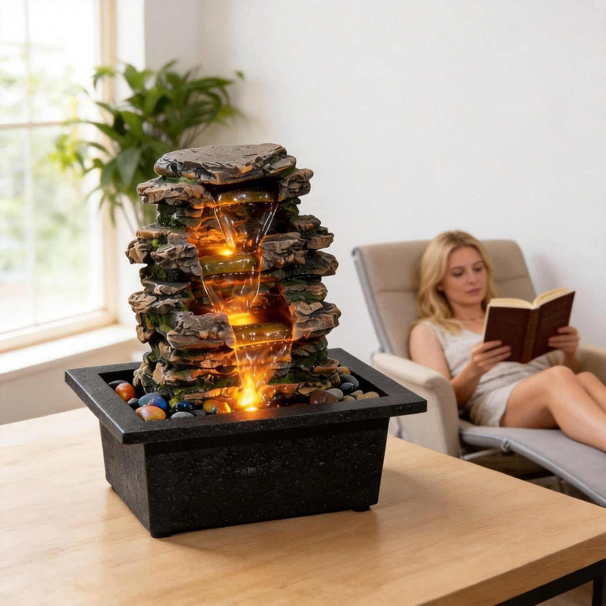 MAOCHI Tabletop Waterfall Fountain with LED Light, Indoor Zen Relaxation Desktop Water Feature with Automatic Silent Pump & Natural Stones, Desk Fountain for Home Office Decor, Stress Relief Gift