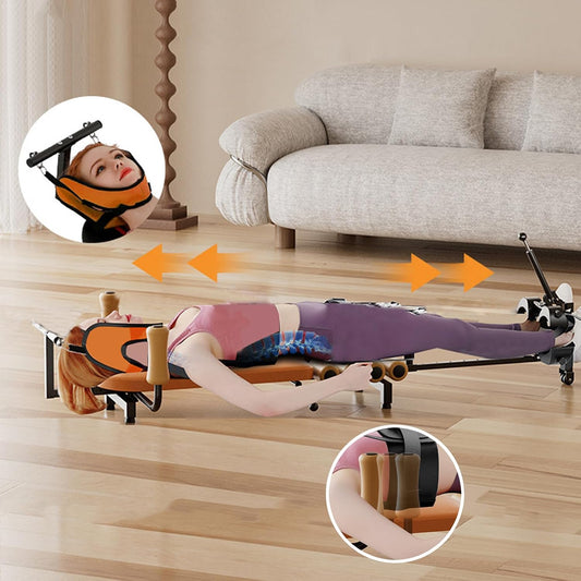 Massage Traction Bed Table, Cervical Lumbar Spine Back Stretcher Traction Bed for Tension Relief, Back Decompression- Up to 287 lbs Weight Capacity, Adjustable Length from 55 to 73 inches (Brown)