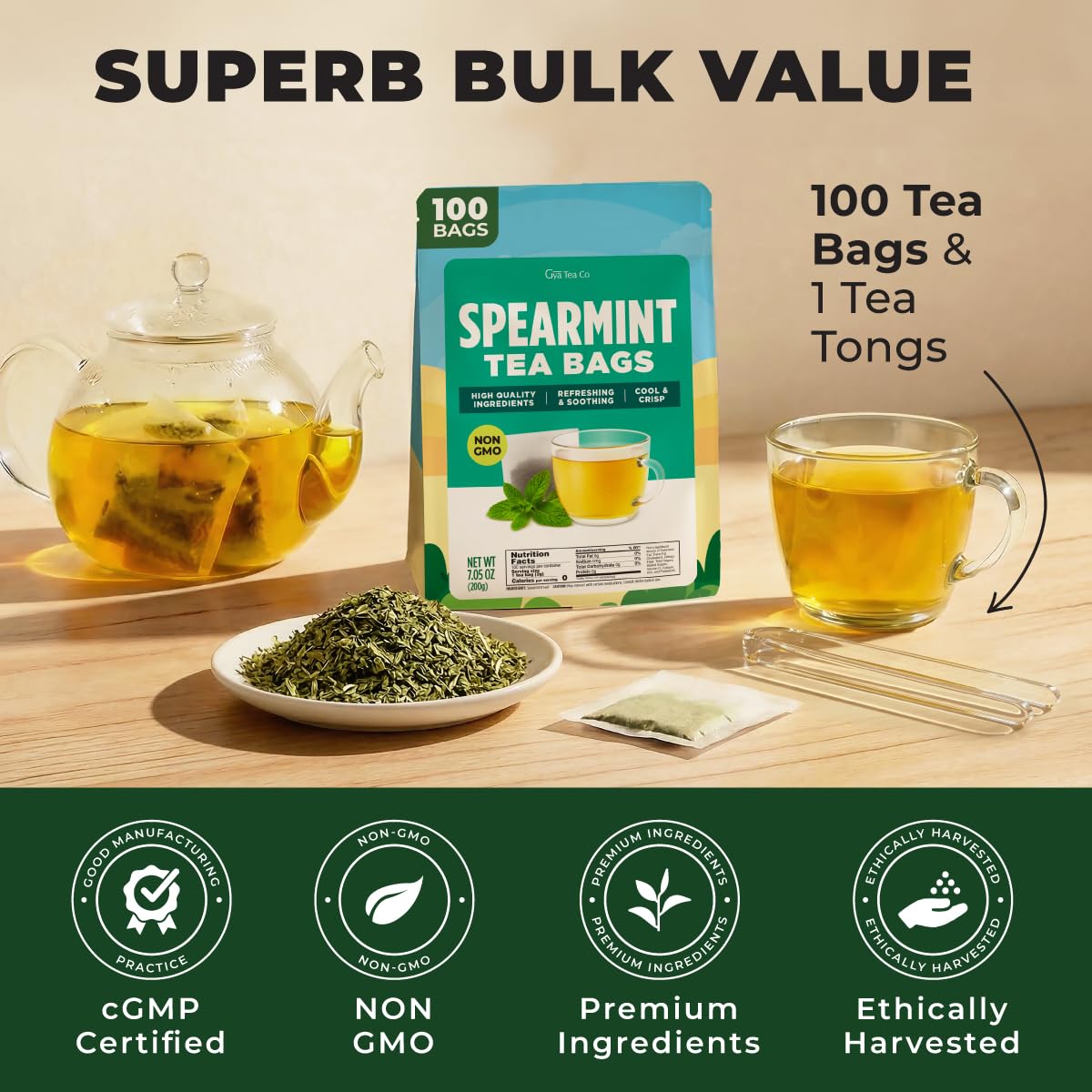 Spearmint Tea Bags 100 Count - 100% Natural Caffeine Free Herbal Tea