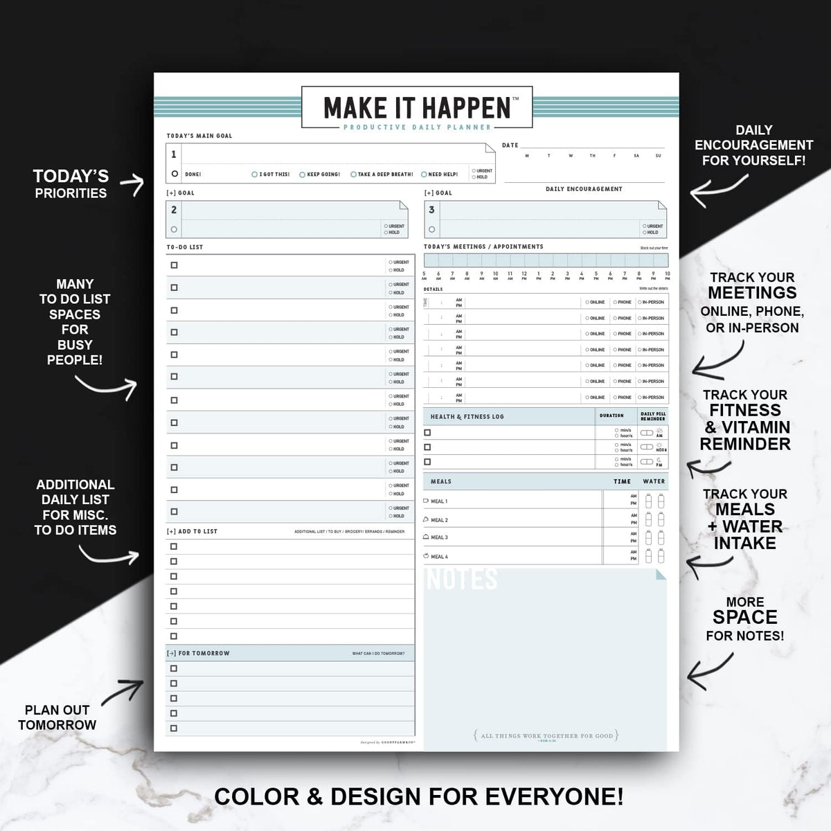 Daily Notepad Planner Basic Minimal To Do Productive List Pad- 50 Tear Off Premium Pad USA (Sea Foam Blue)