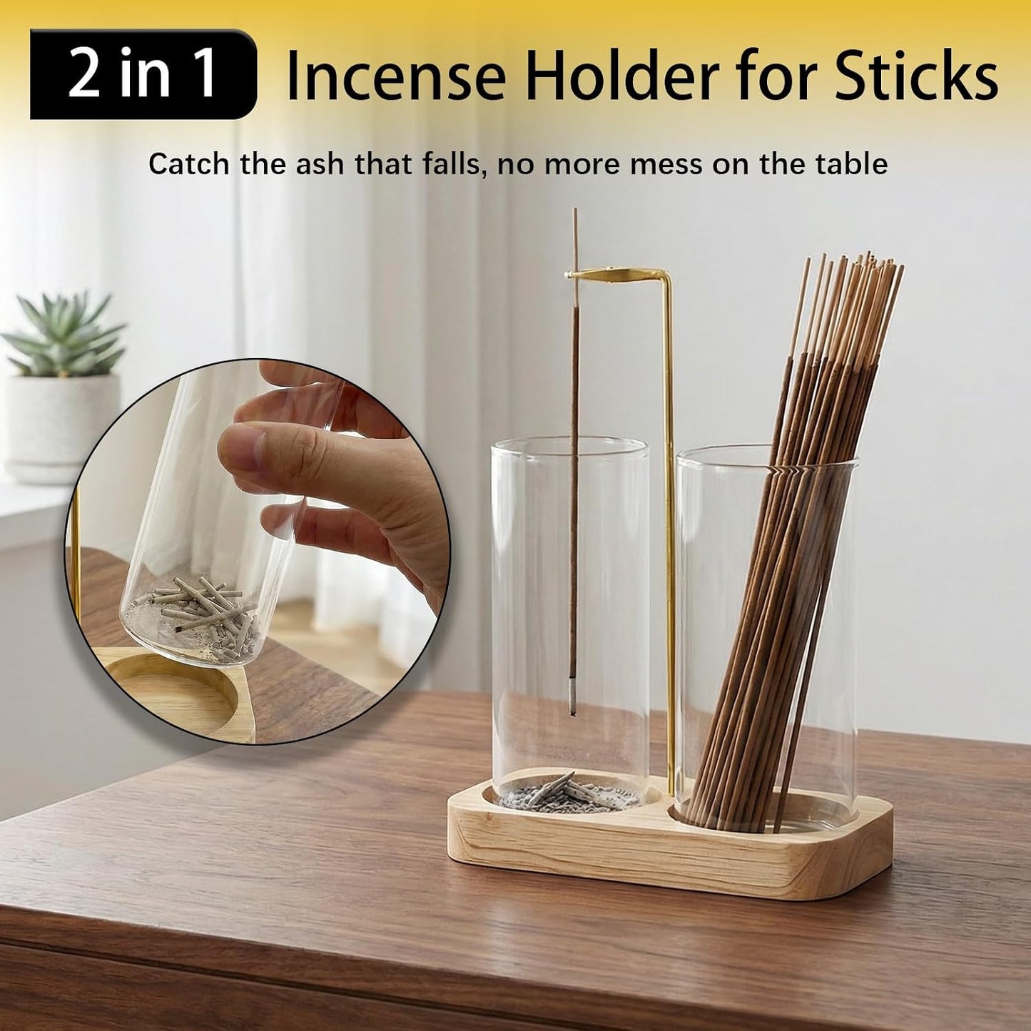 Incense Holder,Wooden Incense Holder for Sticks with 20 Incense Sticks, Anti-ash Incense Burner with Glass Ash Catcher for Meditation Yoga Spa Gift Home Decor