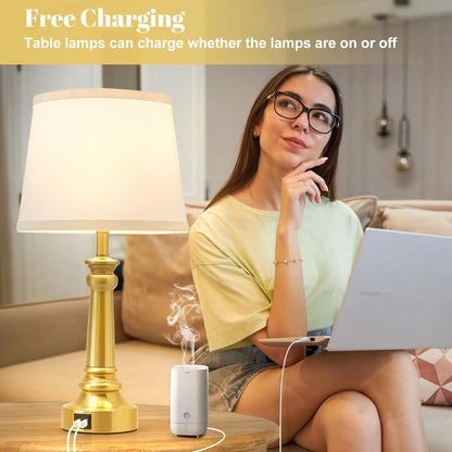 EJIAXIN Lamps for Bedrooms Set of 2, Brushed Nickel Bedside Lamps with USB C+A Ports,Dimmable Nightstand Lamps with Fabric Lampshade, Touch Table Lamp for Living Room Bedroom Office, Bulbs Included