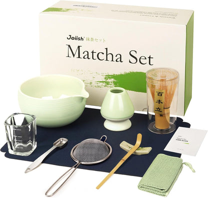 Joiish Matcha Whisk Set, Matcha Kit 10-Pcs, Bamboo Whisk and Ceramic Bowl with Spout & Measuring Spoon & Cup, Japanese Ceremony Matcha Tea Powder Making Tools, Light Green