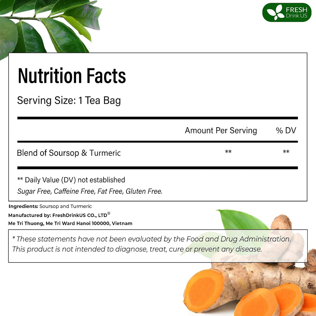 FreshDrinkUS, Premium Soursop Turmeric Tea, 60 Count, Caffeine Free, Vegan