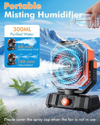 Portable Misting Fan with 20000mAh USB Rechargeable Battery, 250mL Water Tank & LED Lantern – Cooling Fan with Mister for Camping, Home, Tent, Beach, Picnic, Barbecue, Outdoor & Indoor Use