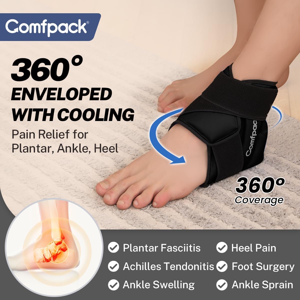 Comfpack Ankle Ice Pack Wrap for Swelling, FSA Eligible, Heel Ice Pack for Pain Relief, Hot Cold Therapy Cold Pack for Plantar Fasciitis, Achilles Tendonitis, Ankle Sprain, Foot Pain, Black