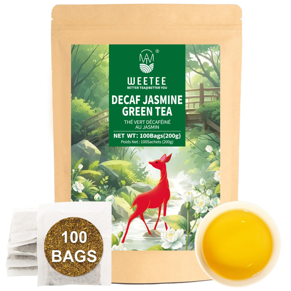 WT WEETEE Decaf Jasmine Green Tea Bags 100 Count, Natural CO2 Decaffeinated