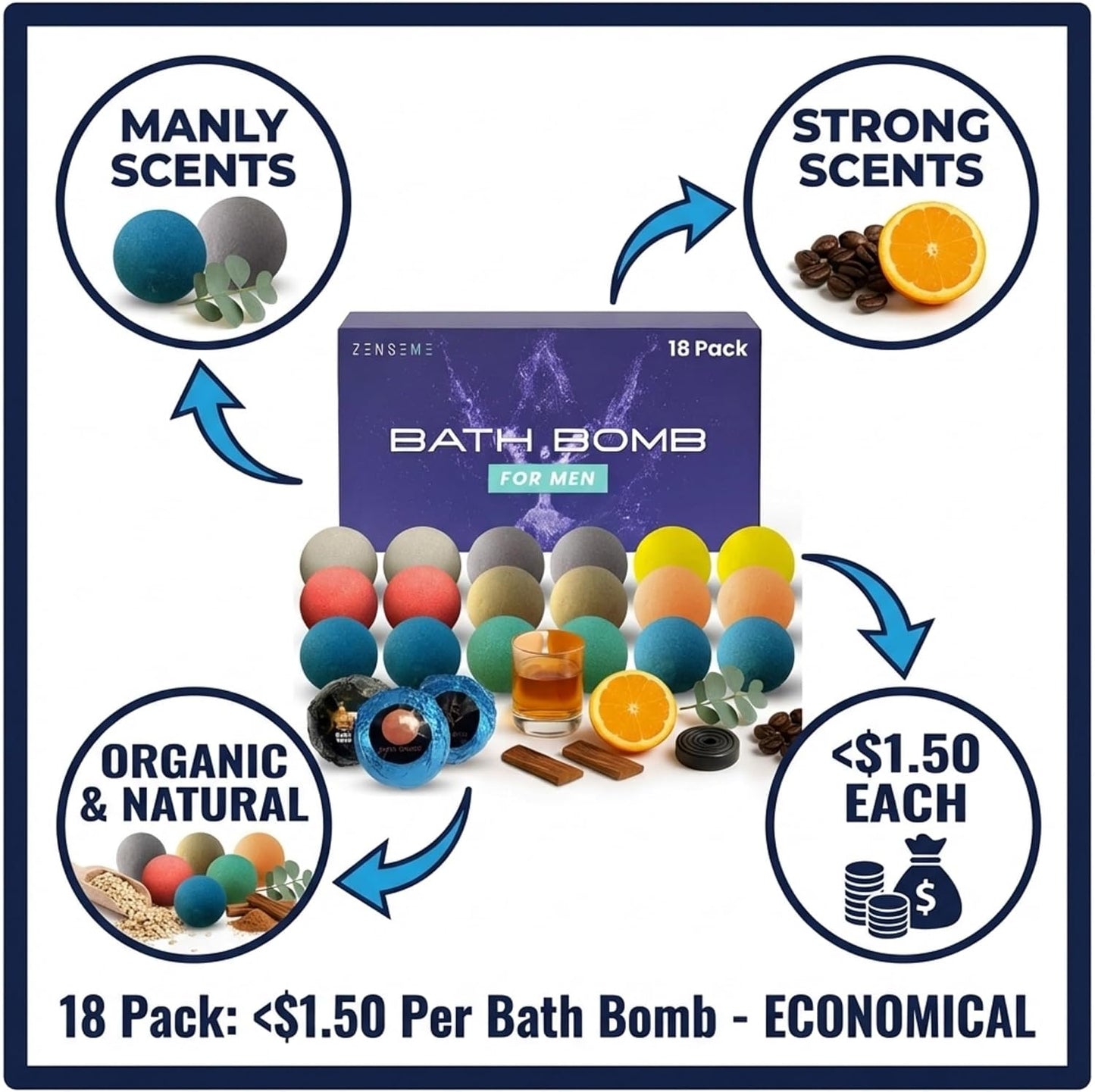 Bath Bombs for Men - Gift Set of 18 Square Shaped Handmade Natural Bath Bombs of 2.5 oz w/Essential Oils, Unique Manly Scents, for Boyfriend, Husband, Father - 18 Pack Square