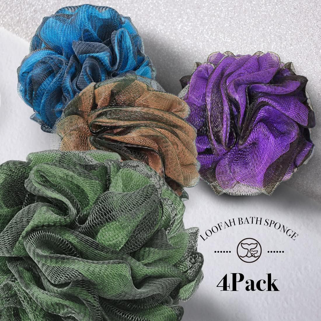 WhaleLife Loofah Bath Sponges - Black Gentle Exfoliating Shower Loofah for Rich Lather, Durable Mesh Body Scrubber for Men & Women 4 Pack