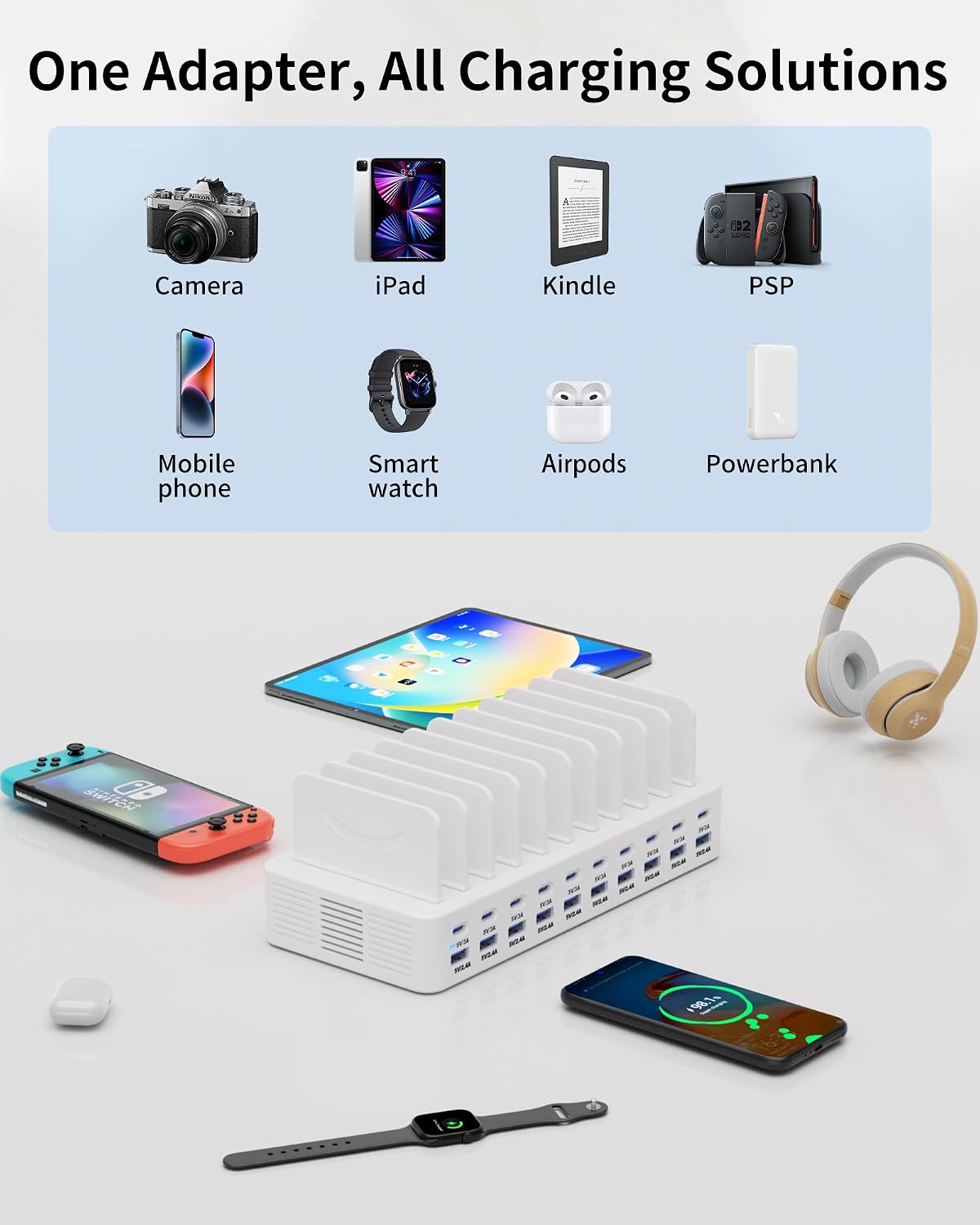 20-Port 270W Charging Station for Multiple Devices, USB Charger Station