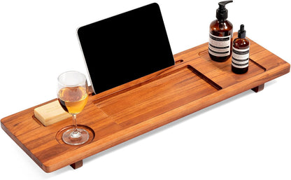 Teak Bathtub Tray for Freestanding Tubs - 35" Heavy-Duty Luxury Bath Caddy, Non-Slip Zero-Wobble Design, Water-Resistant Spa Organizer with Wine Glass & Phone Holder