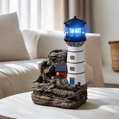Tolevoit Indoor Tabletop Water Fountain, Mediterranean Coastal Lighthouse Waterfall with Blue LED Light, Relaxing Zen Desk Fountain for Office & Bedroom, Nautical Home Decor Stress Relief Gift