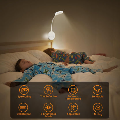 Wall Mounted Reading Light, Bedside Headboard Lights with 5 Color Temperature & 5 Dimming, 360 Flexible Gooseneck, USB Output, Night Light & Timer Function - Perfect for Reading (Black)