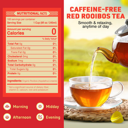 Caffeine Free Organic Rooibos Tea Bags 80 - Naturally Sweet Herbal Tea Safe for Kids & Pregnant Women – Low Tannin Premium South African Tea Red Tea - Sustainably & Ethically Farmed Red Rooibos Tea