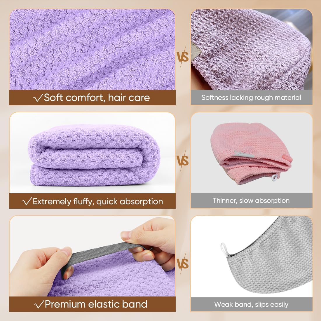 HOMEXCEL 5 Pack Microfiber Hair Towels - 40 x 20 inches Super Soft, Fast Drying Turbans for Long, Thick, Curly Hair - Anti Frizz Wrap with Elastic Strap