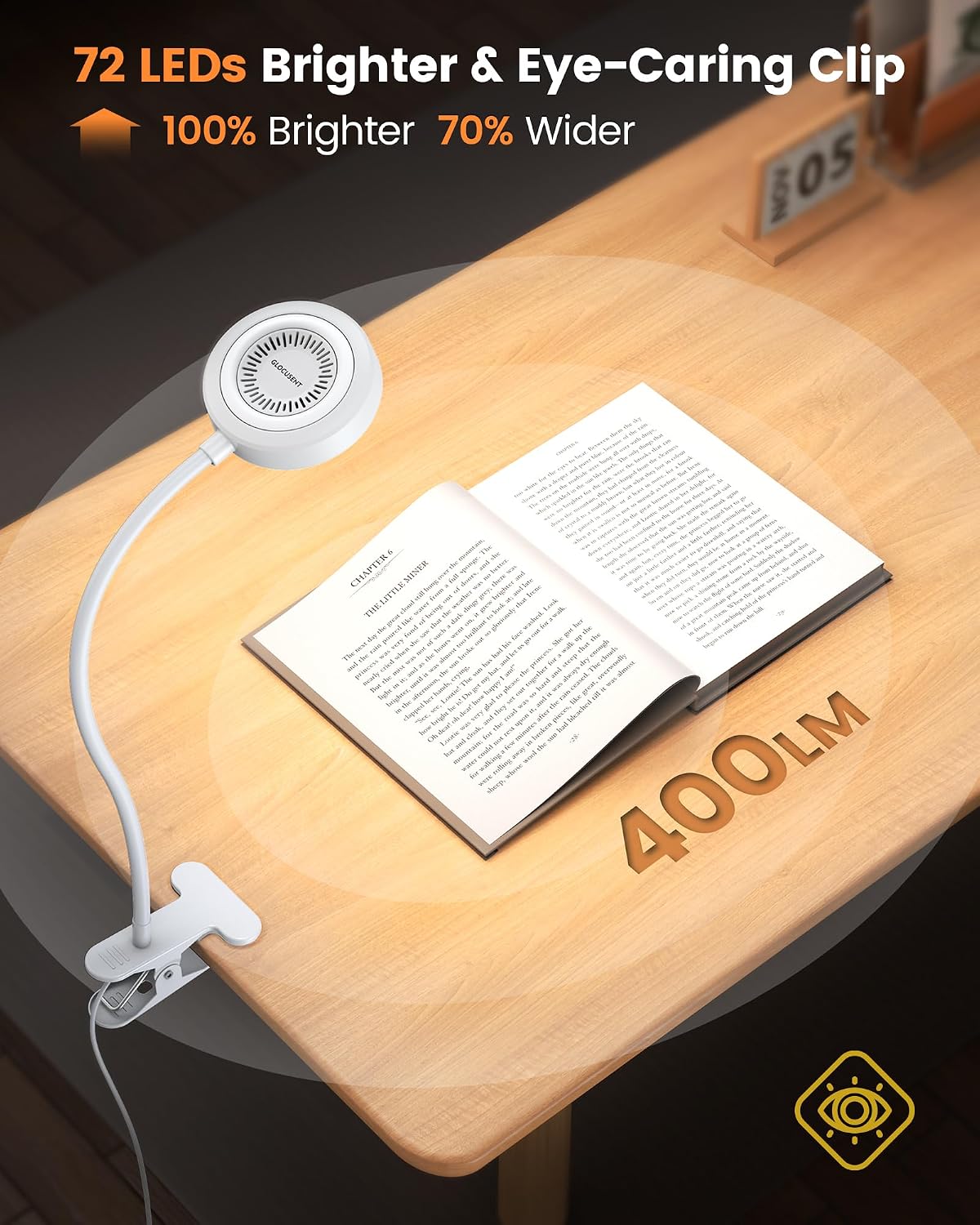 Glocusent Clip on Light, 72 LEDs Clip on Lamp with Amber Night Light, 3 Colors & 5 Brightness Bed Lamp, 30/60-Min Auto Off Timer, Perfect Eye Caring Reading Lamps for Bed/Headboard/Table/Desk