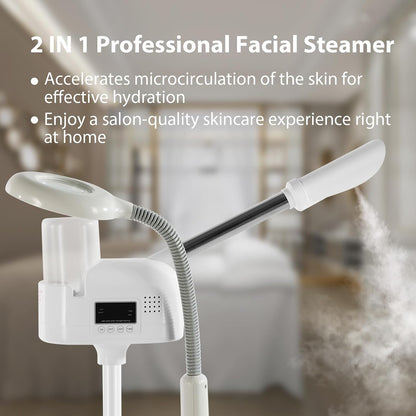 Professional Facial Steamer 3 in 1 Steamer for Face with Hot & Cold Nozzle 5X LED Magnifying Lamp Facial Steamer for Esthetician Beauty Face Equipment Use at Home or Salon