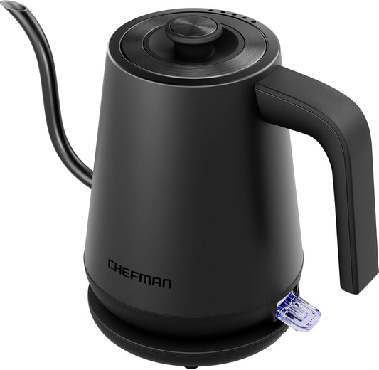 Chefman Gooseneck Electric Kettle, 0.8L Pour Over Tea Kettle for Coffee and Tea, One-Touch Operation, Boil-Dry Protection, Auto Shut-Off, Ultra-Fast Hot Water Boiler – Black