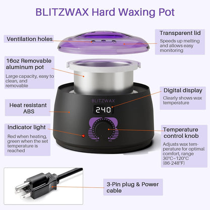 BLITZWAX Brazilian and Bikini Waxing Kit for Women, Hard Wax Warmer for Face, Legs and Body, At Home Hair Removal Kit, Beginner Friendly, Digital Fast Heating, 51 Wax Items