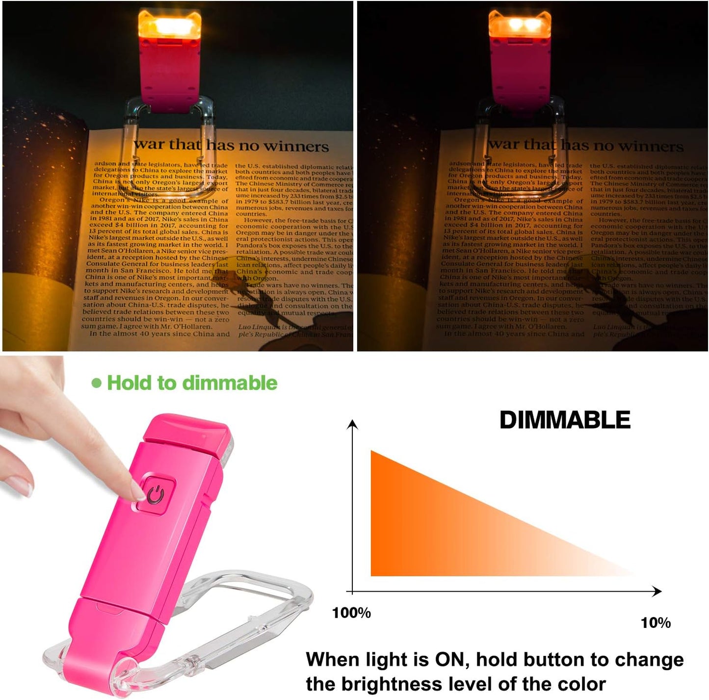 BIGLIGHT Amber Book Reading Light, LED Clip on Book Lights, Reading Lights for Books in Bed, Small Book Light for Kids, USB Rechargeable, 2 Brightness Adjustable for Eye Protection, Orange